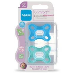 MAM Comfort 2 Sucettes en Silicone 0 Mois et + et une Boîte de Stérilisation - Couleur : Bleu