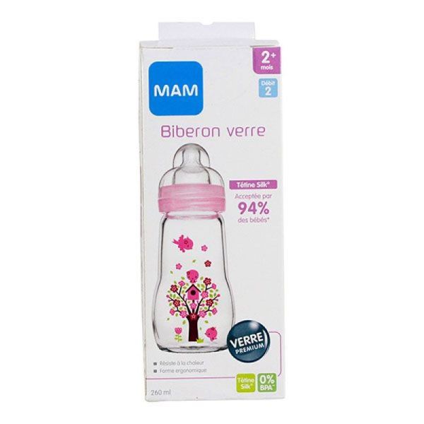 Biberon Mam  débit 2 +2mois 260ml Verre rose