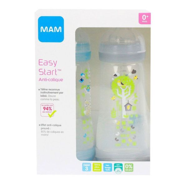 Biberon Mam Easy Start Anti colique 320mlx2 débit 3 +0mois  bleu et gris