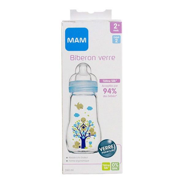 Biberon Mam  débit 2 +2mois 260ml Verre Bleu