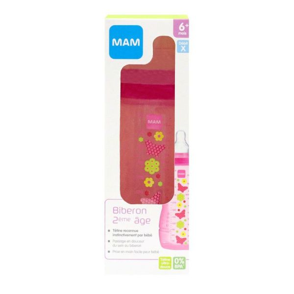 Biberon Mam Easy Active 2éme age  330ml Rose débit X  +6mois