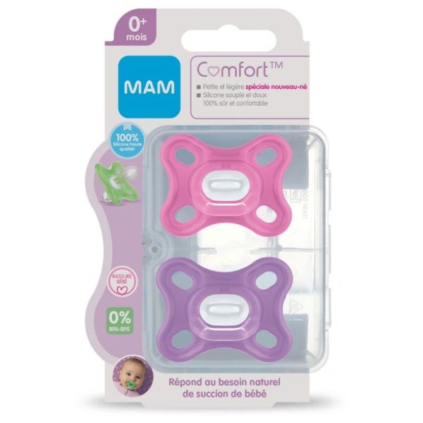 MAM Comfort 2 Sucettes en Silicone 0 Mois et + et une Boîte de Stérilisation - Couleur : Rose