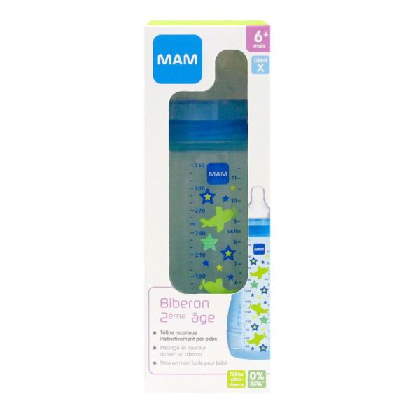 Biberon Mam Easy Active 2éme age  330ml  Bleu débit X  +6mois