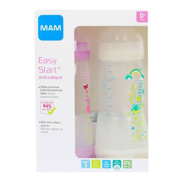 Biberon Mam Easy Start Anti colique 320mlx2 débit 3 +0mois rose et gris